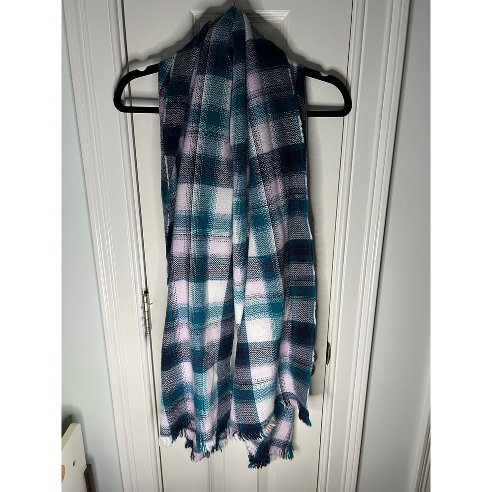 Womens Teal Navy Lavender Plaid Woven Oversized Fringe Scarf Wrap Shawl